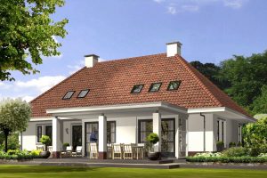 Zijaanzicht van huis met witte muren en een rood pannendak.