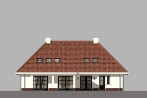 Zijaanzicht van huis met witte muren en een rood pannendak.