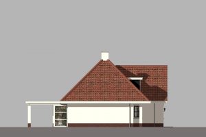 Zijaanzicht van huis met witte muren en een rood pannendak.