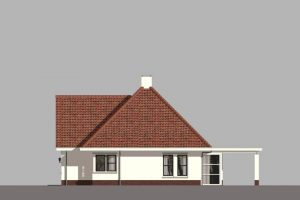 Zijaanzicht van huis met witte muren en een rood pannendak.