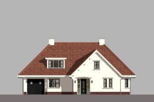 Zijaanzicht van huis met witte muren en een rood pannendak.