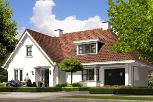 Zijaanzicht van huis met witte muren en een rood pannendak.