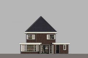 Modern huis met donker pannendak, bruine bakstenen en witte kozijnen. Grote ramen en een voordeur met overkapping.