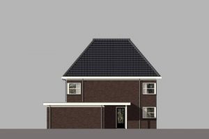 Modern huis met donker pannendak, bruine bakstenen en witte kozijnen. Grote ramen en een voordeur met overkapping.