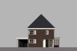 Modern huis met donker pannendak, bruine bakstenen en witte kozijnen. Garage aan de linkerkant.
